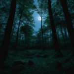 The enchanting glow of fireflies lights up a serene moonlit forest.