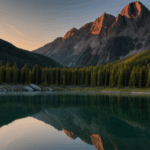 A serene mountain lake reflecting the warm hues of sunrise, surrounded by towering peaks and lush greenery, creating a tranquil and picturesque scene.