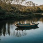 Peaceful river journey with a fishing boat surrounded by lush greenery