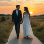 A serene romantic stroll at sunset with a couple enjoying the tranquil surroundings.