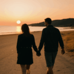 The magic of a romantic sunset walk captured beautifully.