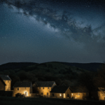 A serene village landscape under a starlit sky, showcasing the tranquil beauty of a peaceful night filled with cosmic wonders.