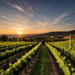 A serene evening in the vineyard, with the twilight sky casting a gentle light over the landscape.