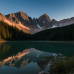 A serene waterscape at sunrise, with a mountain lake reflecting the vibrant hues of dawn and creating a tranquil and picturesque view.