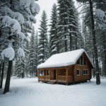 A serene winter retreat with a cabin nestled in a snowy forest.