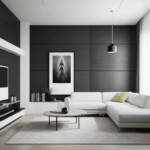 A sleek modern living room design with minimalist furniture and clean lines.
