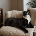 Close-up of a cat comfortably napping on a soft armchair, embodying tranquility.