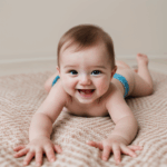 A smiley baby crawling happily on a cozy, soft blanket.