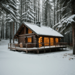 Snow-covered cabin nestled in a serene forest, perfect for relaxation.