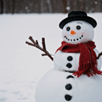 A handcrafted snowman, sporting a red scarf amidst a snow-filled landscape, perfect for winter lovers.