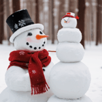 A snowman, complete with a red scarf, capturing the joy and wonder of wintertime activities.
