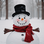 A snowman in the snow, wearing a bold red scarf, symbolizing winter joy and creativity.