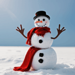 A snowman inspiration, showcasing a red scarf and a playful demeanor in a snowy setting.