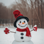 A snowman in the making, featuring a red scarf, capturing the essence of winter joy.