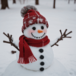 A family-built snowman with a red scarf, adding a touch of warmth to the snowy background.