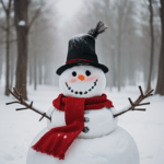 A snowman in winter play, featuring a red scarf, embodying outdoor winter fun.