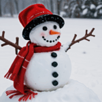 Snow art with a snowman, wearing a red scarf, showcasing winter magic and creativity.