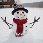 A creative snowman with a red scarf, showing off its unique style in a snowy environment.