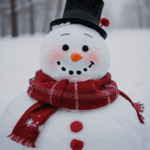 A stylish snowman, adorned with a red scarf, exemplifying winter fashion and charm.