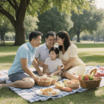 A family spreading a picnic blanket on lush green grass in the park.