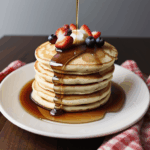A vibrant pancake stack with syrup and fresh berries, creating a visually appealing and tasty morning meal.