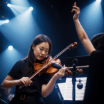 A violinist captivating the audience on stage, delivering a powerful and emotional performance with precision.