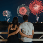 A starry night sky enhanced by a stunning fireworks display.