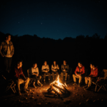 A bright campfire illuminating friends' faces against a backdrop of twinkling stars, creating a cozy atmosphere.