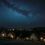 A breathtaking view of a starry night sky over a quiet village, capturing the serene beauty of the celestial wonders above.
