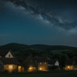 An enchanting starry night sky over a quiet village, with twinkling stars and a serene atmosphere.