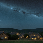 A quiet village under a spectacular starry night sky, perfect for stargazing and relaxation.