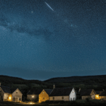 A starry night sky casting a serene glow over a quiet village, perfect for peaceful contemplation.