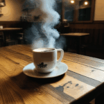 A steaming cup of coffee sits invitingly on a rustic wooden table, exuding warmth and aroma.