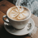 A steaming cup of coffee on a rustic wooden table, exuding a rich aroma.