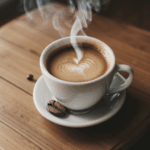 A steaming cup of coffee placed on a rustic wooden table, inviting relaxation and comfort.