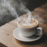 A beautifully steaming coffee cup on a rustic wooden table.