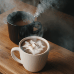 A steaming mug of hot chocolate with marshmallows, perfect for a cozy winter evening.