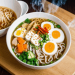 A close-up shot of a steaming bowl of ramen with various toppings like eggs, scallions, and nori, showcasing the vibrant colors and textures.
