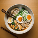 A steaming bowl of ramen with vibrant toppings, showcasing a perfect blend of flavors and textures.
