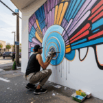 A street artist captured in action while painting a mural on a city wall.