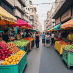 Stalls at a street market filled with colorful fruits, creating a lively and vibrant atmosphere.