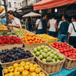 Vibrant street market scene filled with stalls of colorful and fresh produce.