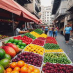 Street vendor stalls at a market filled with colorful and fresh fruits, creating a vibrant scene.