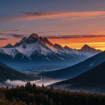 A stunning sunset casting vibrant colors over majestic mountain peaks, creating a breathtaking natural scene.