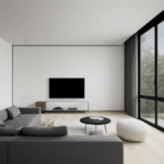 A stylish minimalist living space with modern design elements and simple decor.