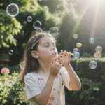 A delightful garden moment with a girl blowing bubbles, basking in the sunshine and surrounded by nature's beauty.