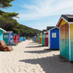 Sunlit beach huts painted in vivid colors along the shoreline