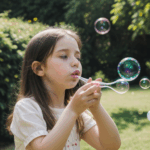 An enchanting scene of a girl blowing bubbles, with the sun casting a warm glow over the joyful garden setting.