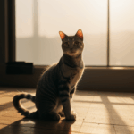 Sun-drenched cat stretches, savoring the warmth of the morning.