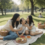 A sunny day in the park with a family having a picnic on a blanket.